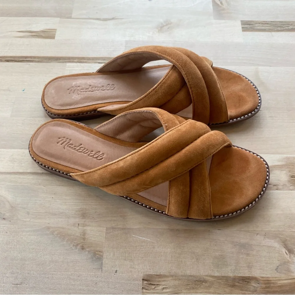 Madewell brown suede leather cross strap slide sandals size 6.5